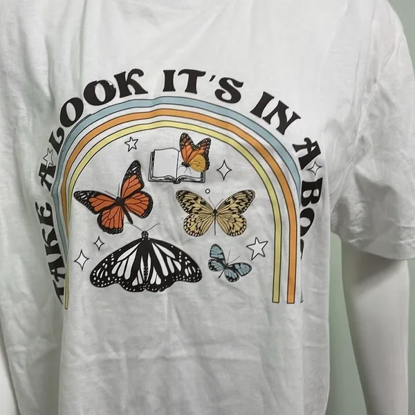 "TAKE A LOOK IT'S IN A BOOK" reading rainbow butterfly tee shirt size large FLAW - Image 5
