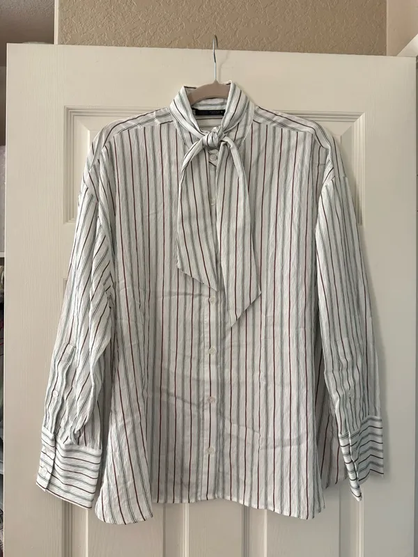 BNWT Zara Mint Chocolate Green & Brown Striped Flowy Button Down Scarf Shirt - Image 10