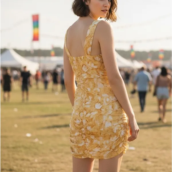 Louna Yellow Floral Ruched Mini Slip Dress XS Cotton Vacation Designer $200 - Image 7