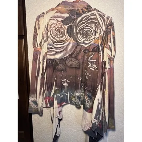 BLEU Floral Rose Print‎ Draped Open Front Waterfall Cardigan Brown Cream Small - Image 4