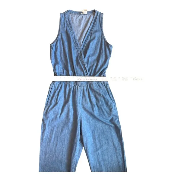 Mimi Chica Womens Blue Cotton Chambray Sleeveless V-Neck Elastic Jumpsuit M - Image 5