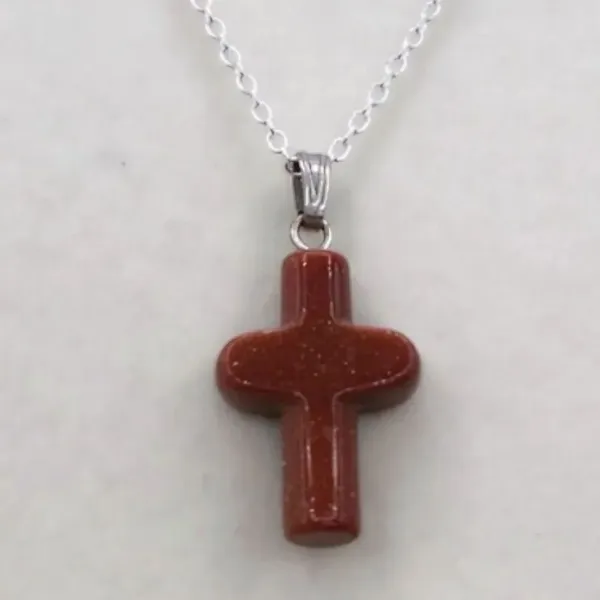 Vintage minimalist goldstone cross pendant on sterling chain - Image 2