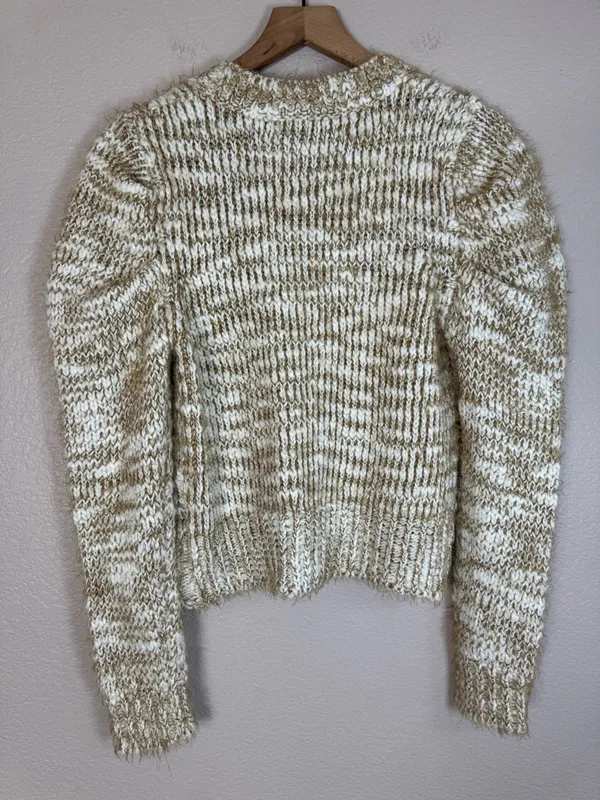 Jacquie The Label V Neck Puff Sleeve Fiora Cardigan Knit Sweater Small Tan Fawn - Image 9