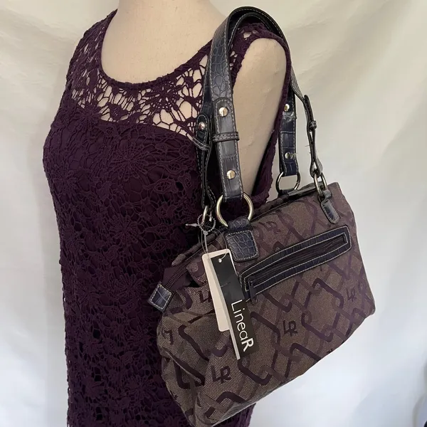 LineaR Fabric Logo Satchel Purse Purple Y2K McBling Croco Double Handle Indie - Image 3