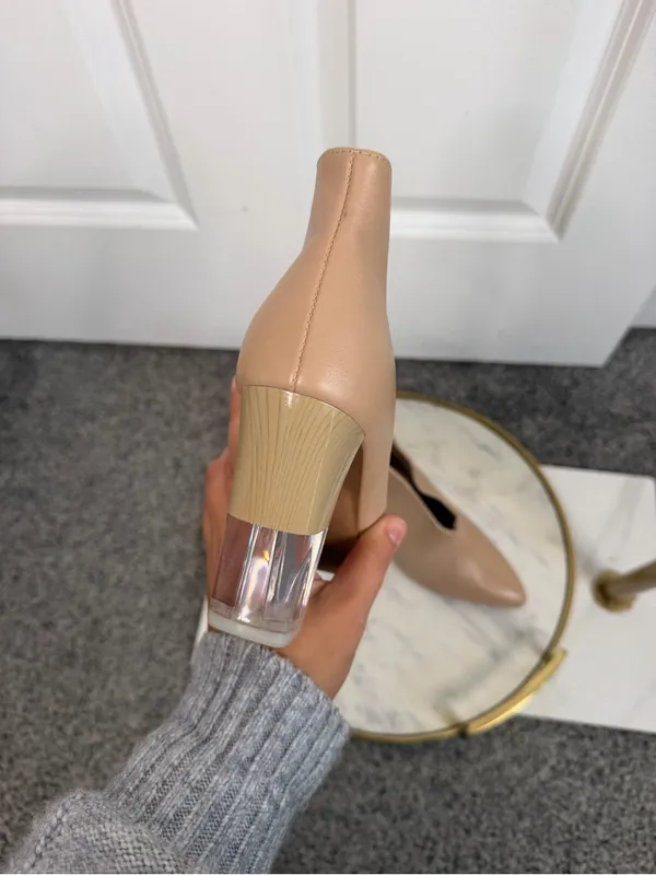 42 Gold Size 7.5M Nude Pointed Toe Clear Block Heel Ankle Booties NWOT - Image 6