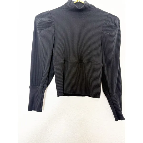 Free People Lala Top in Black Size Small Ribbed Puff Sleeve Cropped Minimalist - Image 10