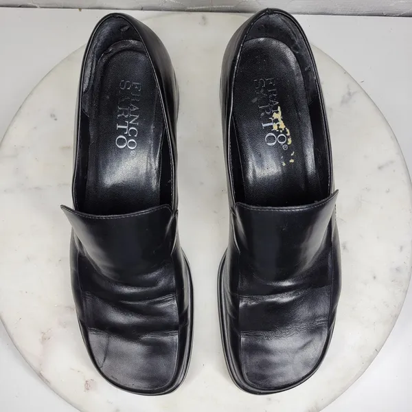 Franco Sarto Bocca Leather Block Heel Loafers 8.5 Black Square Toe Y2K Office - Image 2