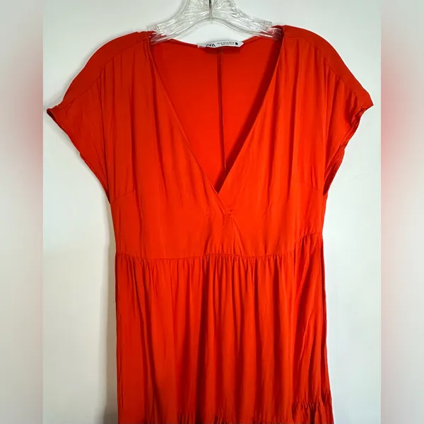 Zara‎ Tiered Midi Dress Short Sleeve V-neck Wrap Flounced Hem Red/ Orange XS - Image 8