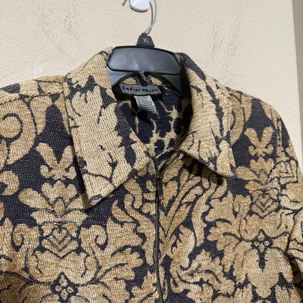 Indigo Moon Blazer Jacket Womens Medium Tapestry full zip Tan Navy Artsy - Image 3
