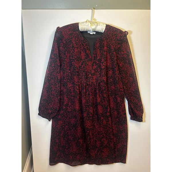 BeachLunchLounge XL Red Black Print Ruffle Long Sleeve Lined Chiffon Shift Dress - Image 11