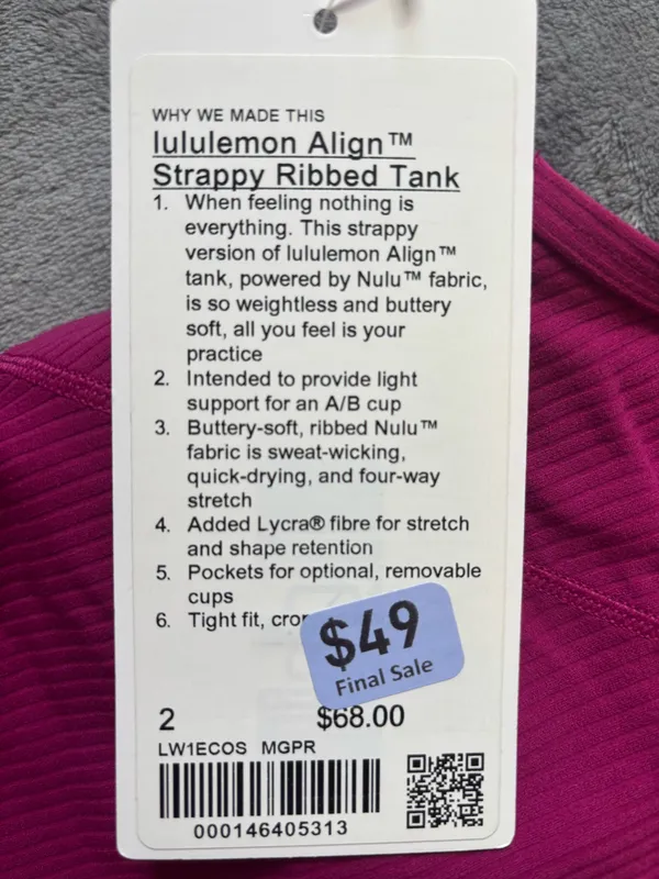 Lululemon Align Strappy Ribbed Tank Top Magenta Purple Size 2 - Image 4