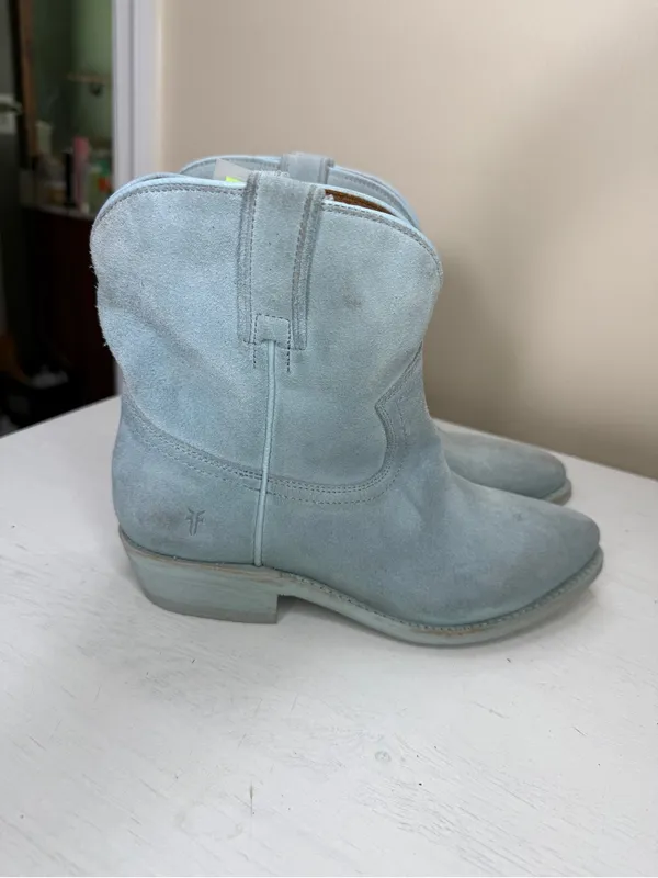 Frye Billy Short Baby Blue Suede Leather Western Boots Size 6 - Image 11
