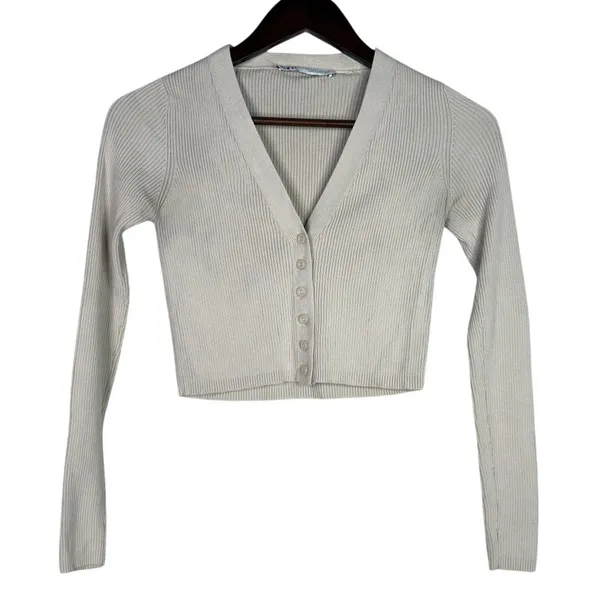 Zara Cropped V Neck Long Sleeve Fitted Ribbed Knit Button Down Sweater XS Beige - Image 12