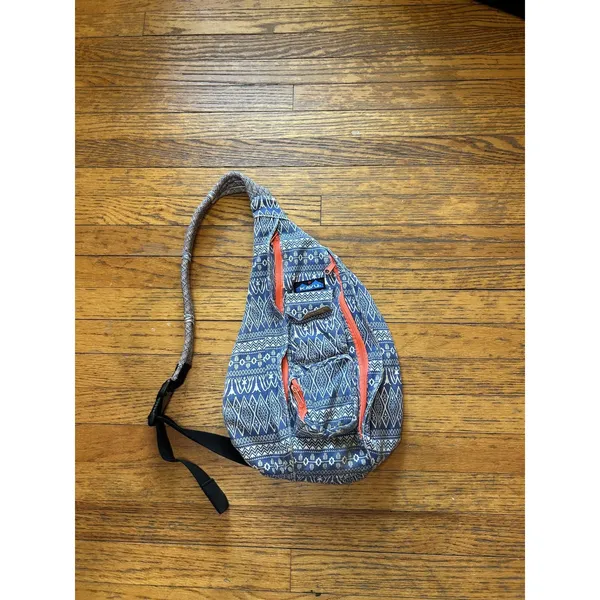 KAVU Rope Sling Bag Womens Blue White Aztec Pattern Canvas Crossbody Backpack - Image 3