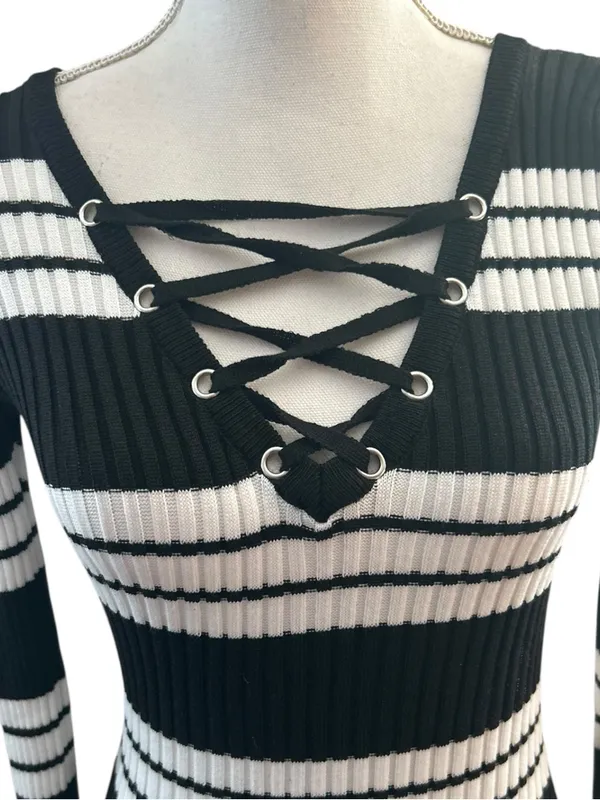 New Look Black & White Striped Lace-Up Ribbed Top - Image 2