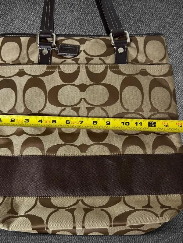 Coach Signature Jacquard Brown Leather Trim Tote Bag - Image 7