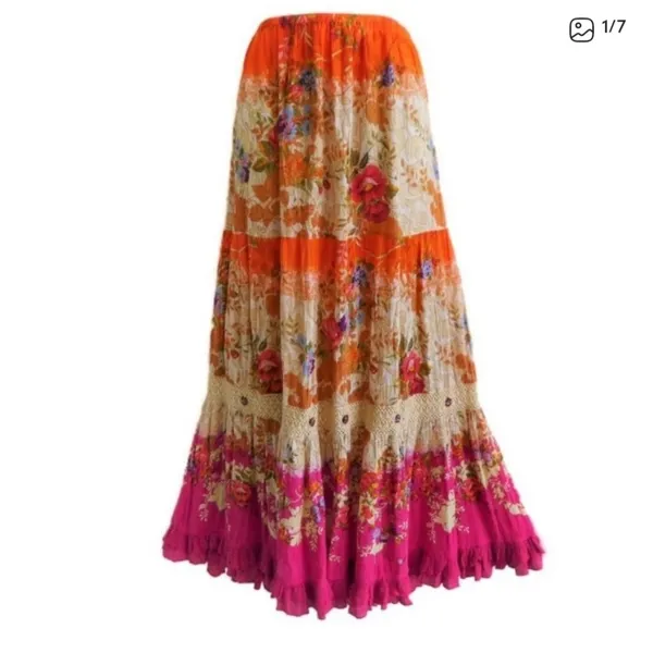 Vintage Y2K 90s Boho Maxi Skirt Tiered Ruffle Floral Macrame Gauzy Rayon India M - Image 2
