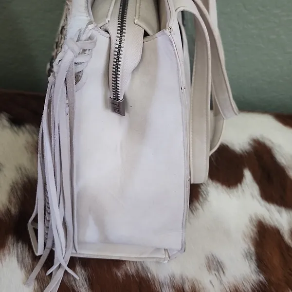Neutral Cowhide Fringe Satchel Tote - Stylish Everyday Bag - Image 6