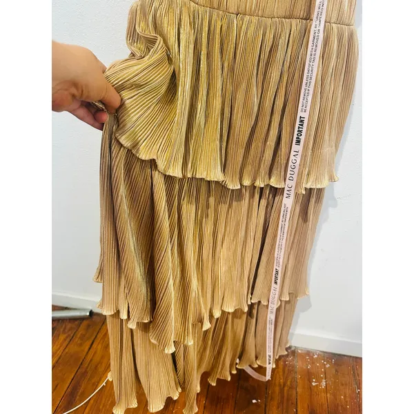 MAC DUGGAL Gold Metallic Plissé Square Neck Pleated Ruffle Belt Detail Dress 8 - Image 13
