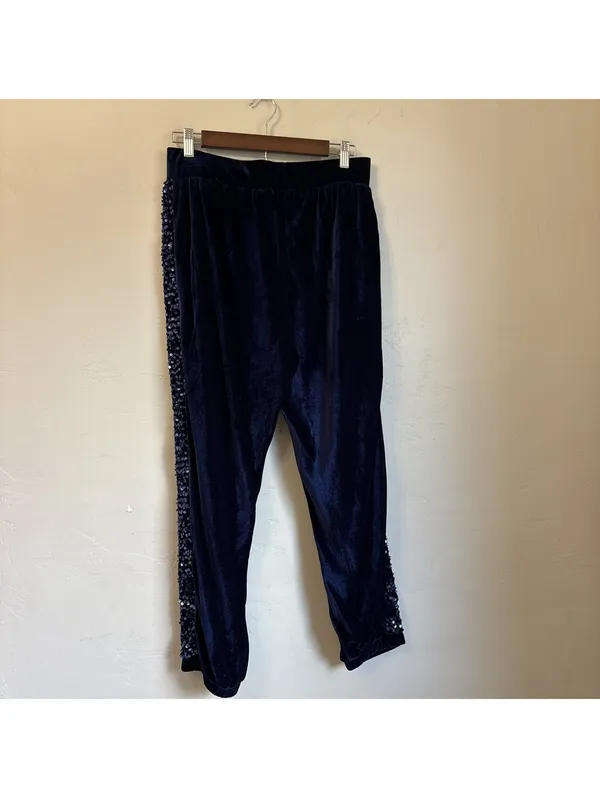 LOGO Lavish by Lori Goldstein Navy Blue Velour Sequin Side Stripe Joggers S - Image 4
