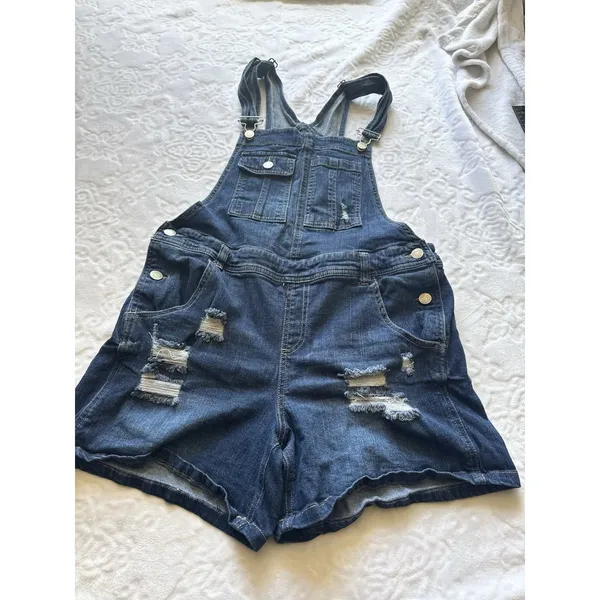 Almost Famous Romper, Women's Size 13 Blue, Denim, Overalls Shorts Distressed - Image 5