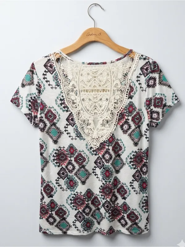 Cato White Short Sleeve Top with Teal and Burgundy Geo Print Crochet Detail Back - Image 2