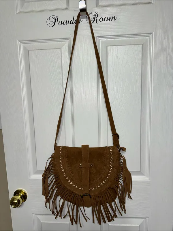 Boho Fringe Faux Suede Crossbody Bag Western Shoulder Purse Tassel Saddle Bag - Image 3