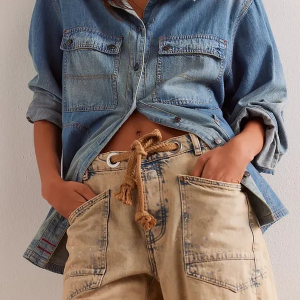 Free People Moxie Pull-On Low Slung Barrel Jeans in Cowboy Size 27 NWT - Image 4