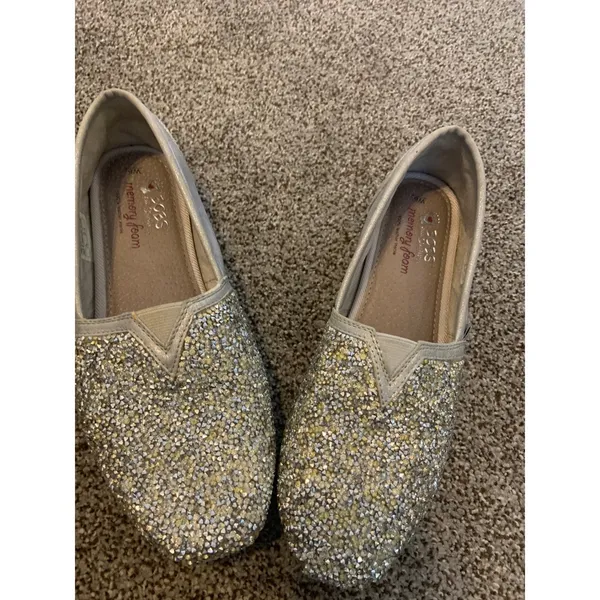 Skechers BOBS Slip On Flats Womens 6 Silver Good Rhinestone Sparkle Metallic - Image 2