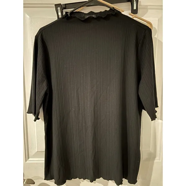 Ann‎ Taylor Factory Ribbed Ruffle Mock Neck Top Blouse Short Sleeve Black Sm - Image 2