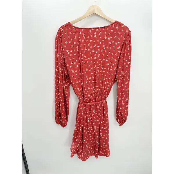 Lauren Conrad Dress Women XXL Red Microfloral Faux Wrap Knee Length‎ Satin Fall - Image 2