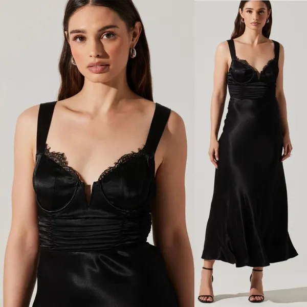 Astr Aeris Satin Lace Trim Maxi Dress Black Size Small Bustier Corset Whimsigoth - Image 2