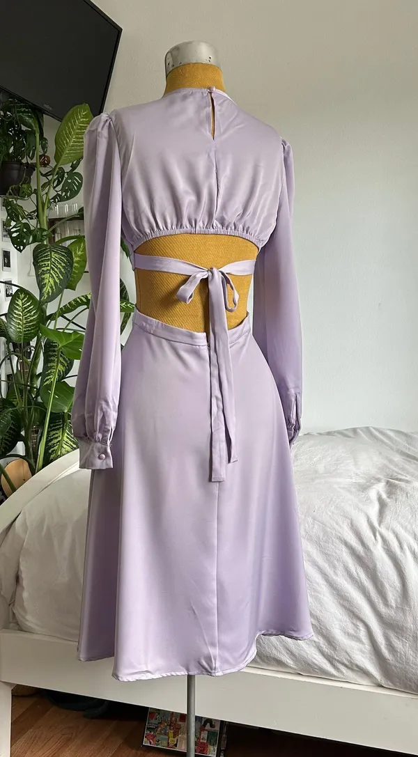 Lavender satin cut out long sleeve midi dress with bow - Image 3