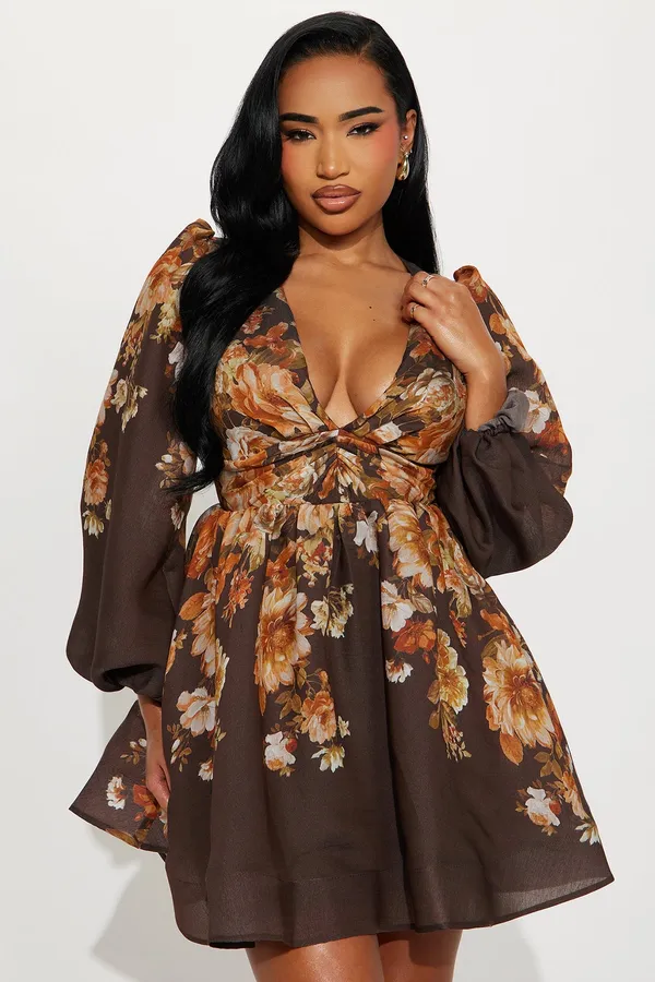 FashioNova Brown Floral Mini Dress - Image 3