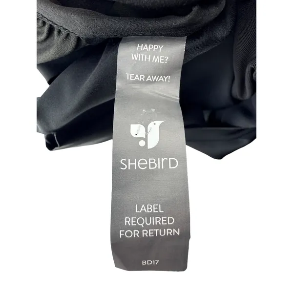 SheBird Emma Black Satin Knit Bateau Neck Built‎ In Bra Midi Dress Smocked M L - Image 7