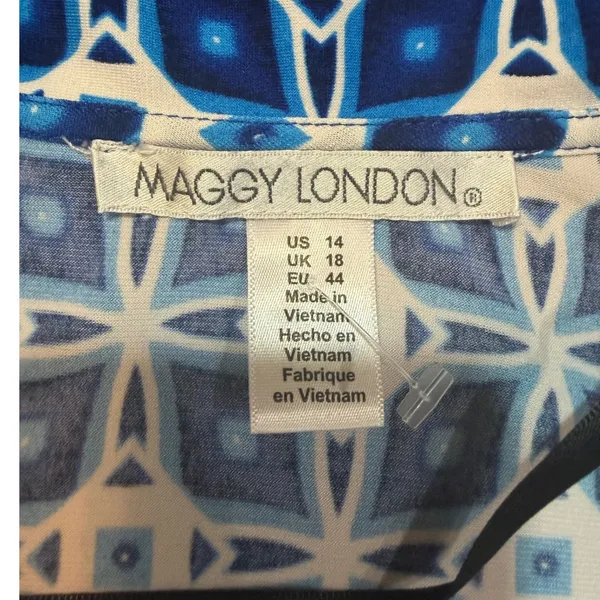 Maggy London Size 14 Blue Geometric Faux Wrap Stretch Career Dress - Image 9