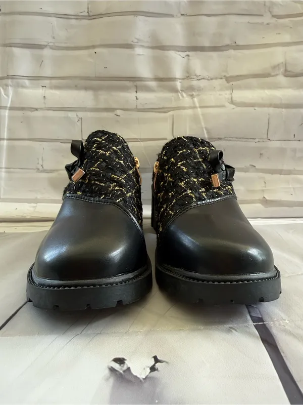 SHEIN Black Tweed Lace-Up Chunky Heel Boots with Gold Accents - Image 3