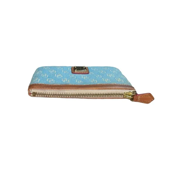 Dooney & Bourke Vintage Signature Jacquard Canvas Leather Blue/Tan Coin Wallet - Image 4