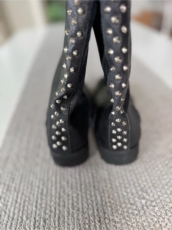 ENVY Fun Police Black Leather Foldover Mid Calf Moto Biker Boots Silver Studs - Image 2