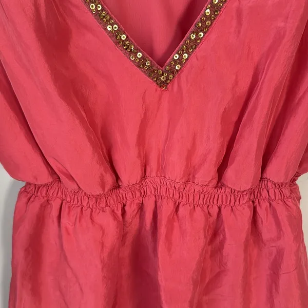 The Limited 100% Silk Coral Pink + Gold Beaded Layered Ruffle Blouson Tank Top - Image 7