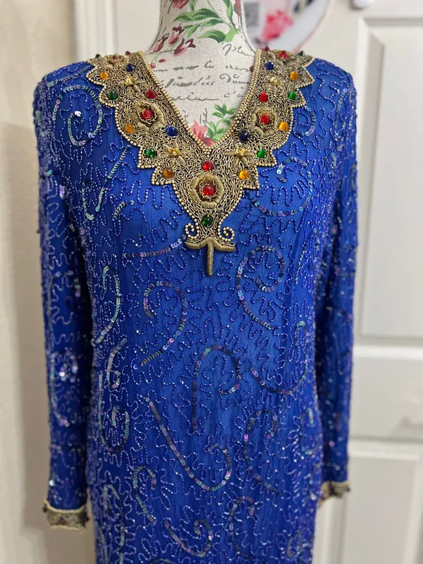 Vintage Tan-Chho Pure Silk Beaded Sequin Maxi Gown Dress Royal Blue Size XL 80’s - Image 6