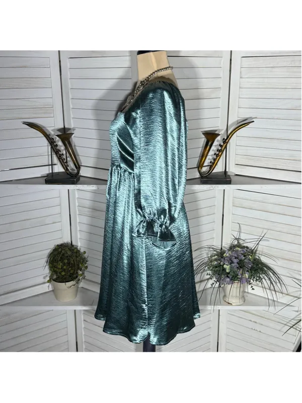 Entro Anthropologie teal satin babydoll mini dress ballooned sleeves Fairy hoco - Image 4