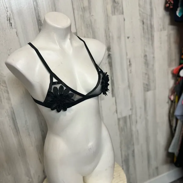 BWB Black Strappy Bralette Medium Floral Applique Sheer Mesh Harness Top Festiva - Image 6