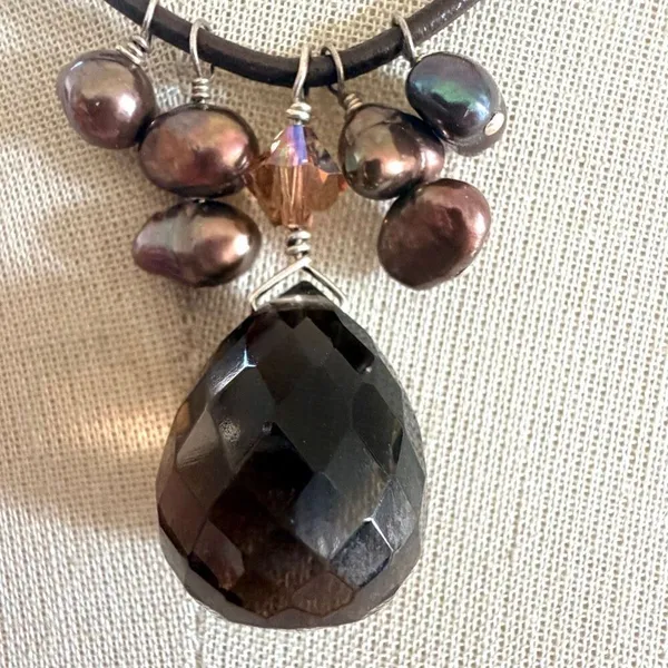 Handcrafted Sterling Silver Smoky Quartz & Peacock Pearl Leather Cord Necklace - Image 6