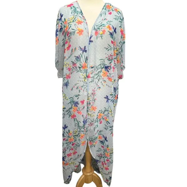 Boutique Kimono Swim Cover Up 0X-1X‎ Blue Floral Open Front Duster Resort Beach - Image 2