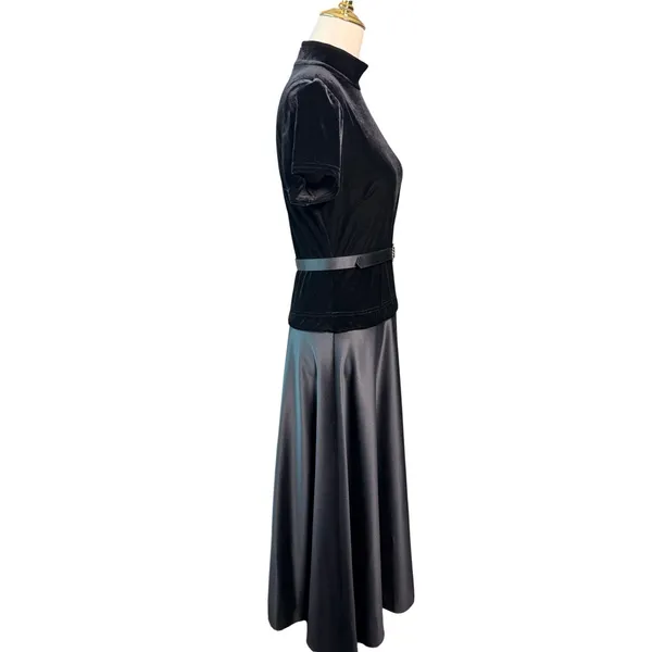 Vintage 80s Bari Jay Black Velvet Satin Belted Peplum Midi Cocktail Dress 9/10 - Image 3