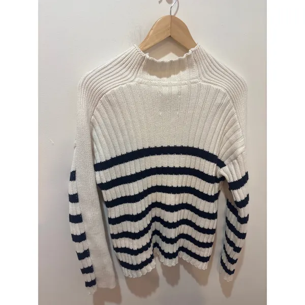 Abercrombie & Fitch Womens Cream Navy Striped Ribbed‎ Mock Neck Sweater Medium - Image 4