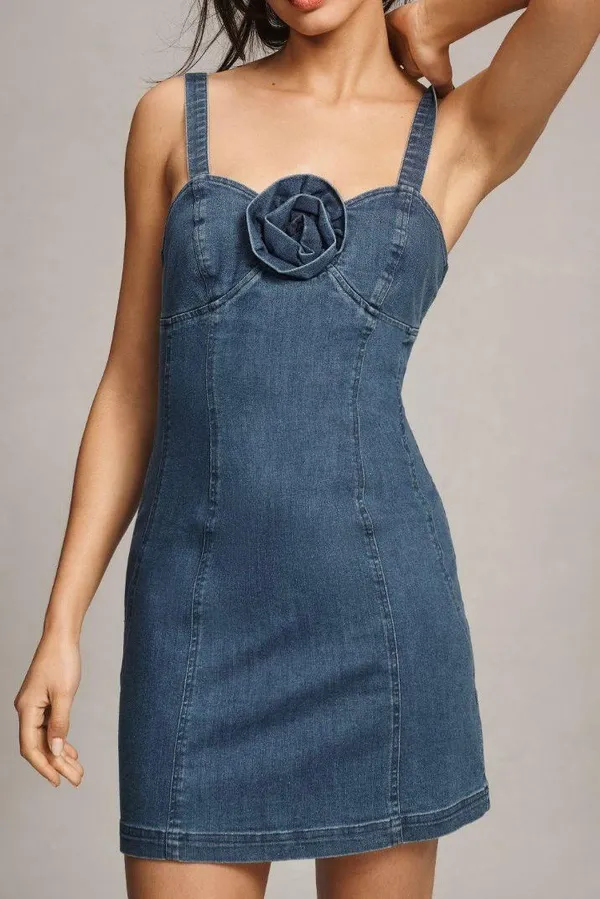 Anthropologie Porridge Rosette Denim Slim Mini Dress, Size XL - Image 4
