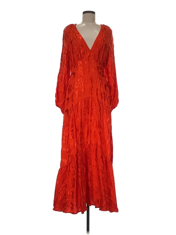 NWT Anthropologie x FARM Rio Red Satin Long-Sleeve V-Neck Jacquard Maxi Dress M - Image 4