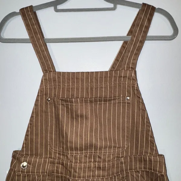 WEWOREWHAT‎ Slit Overall Shorts Romper Pinstripe Brown raw hem Size S - Image 3